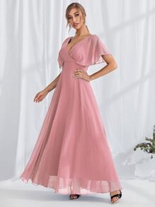 Swiss Dot Butterfly Sleeve Surplice Neck Maxi Prom Dress - Pink - View 1