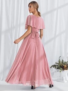Swiss Dot Butterfly Sleeve Surplice Neck Maxi Prom Dress - Pink - View 2