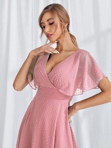 Swiss Dot Butterfly Sleeve Surplice Neck Maxi Prom Dress - Pink - View 3