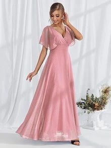 Swiss Dot Butterfly Sleeve Surplice Neck Maxi Prom Dress - Pink - View 4