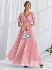 Swiss Dot Butterfly Sleeve Surplice Neck Maxi Prom Dress - Pink - View 5
