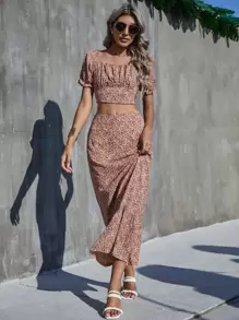 Breezaya Conjunto top corto busto con fruncido de espalda con fruncido floral con falda - Multicolor - Ver 1