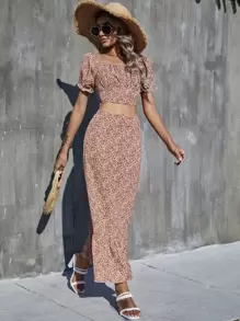 Breezaya Conjunto top corto busto con fruncido de espalda con fruncido floral con falda - Multicolor - Ver 5