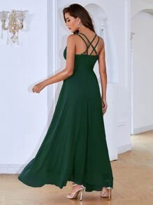 Solid Criss Cross Belted Chiffon Dress - Dark Green - View 2