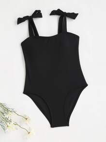 Girls Plain Knot Shoulder One Piece Swimsuit