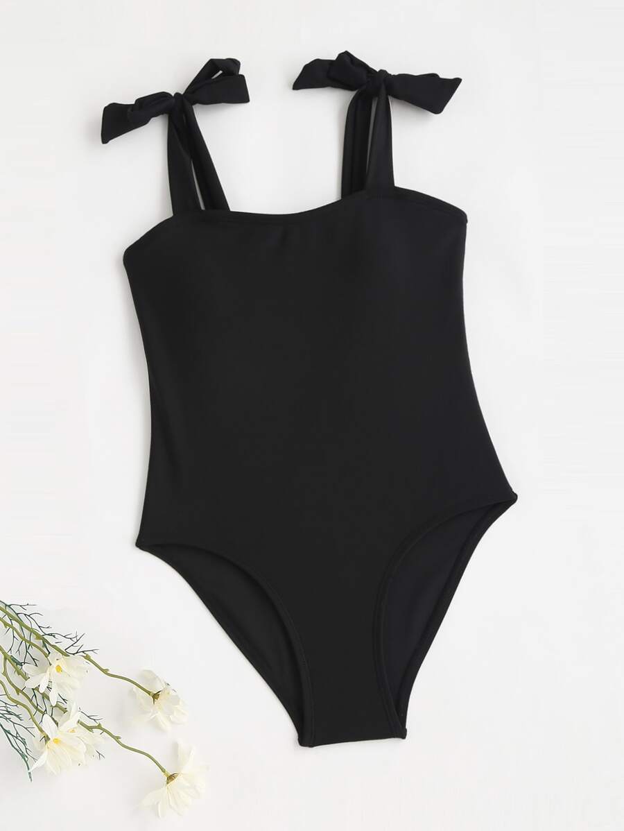Girls Plain Knot Shoulder One Piece Swimsuit