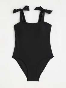Girls Plain Knot Shoulder One Piece Swimsuit