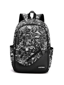 Mochila grande de mujer con estampado de graffiti de moda - Negro - Ver 1