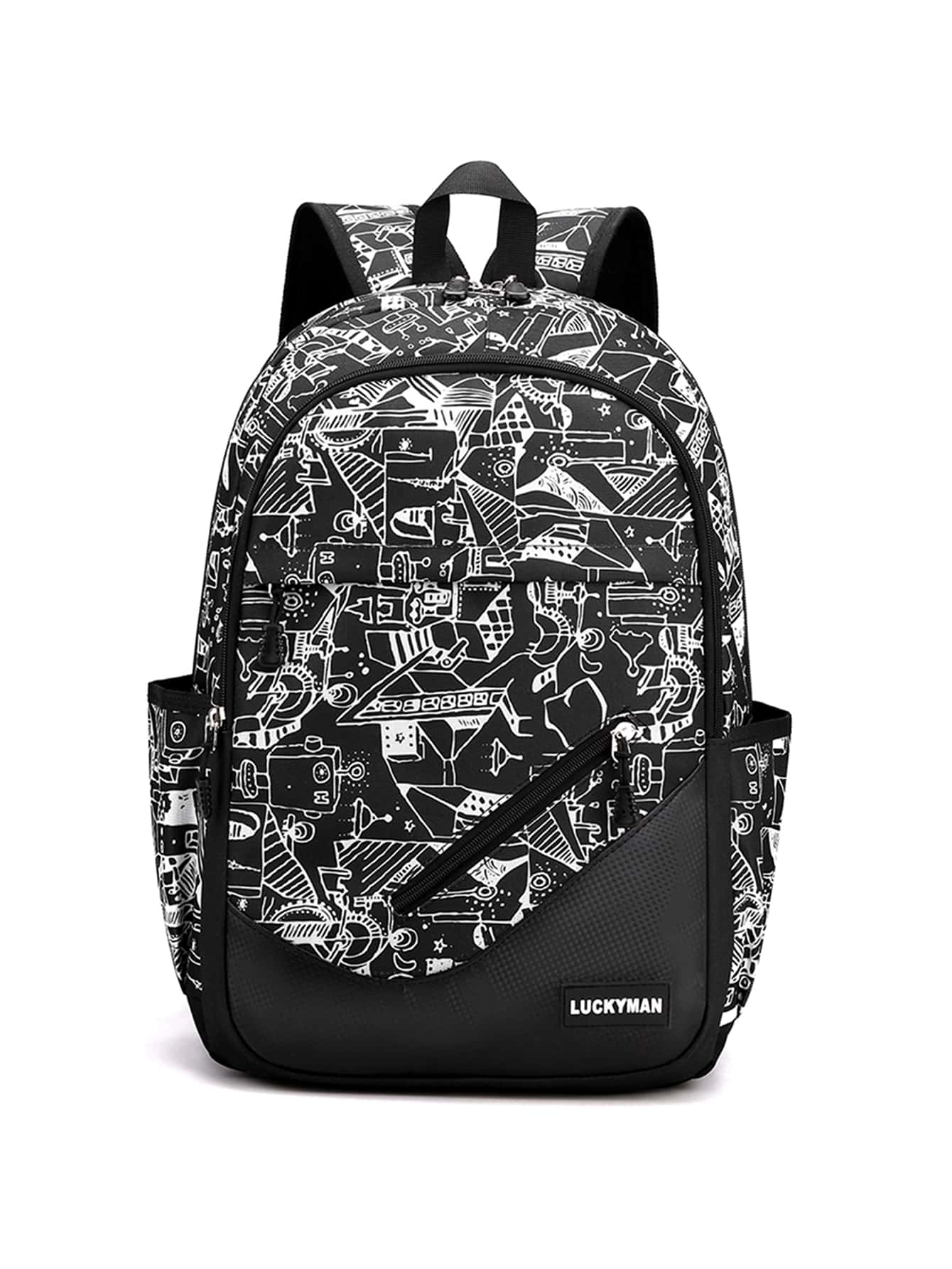Mochila grande de mujer con estampado de graffiti de moda - Negro - Ver 1