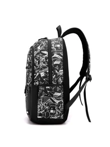 Mochila grande de mujer con estampado de graffiti de moda - Negro - Ver 3