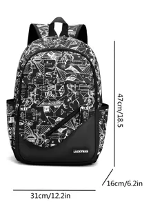 Mochila grande de mujer con estampado de graffiti de moda - Negro - Ver 4