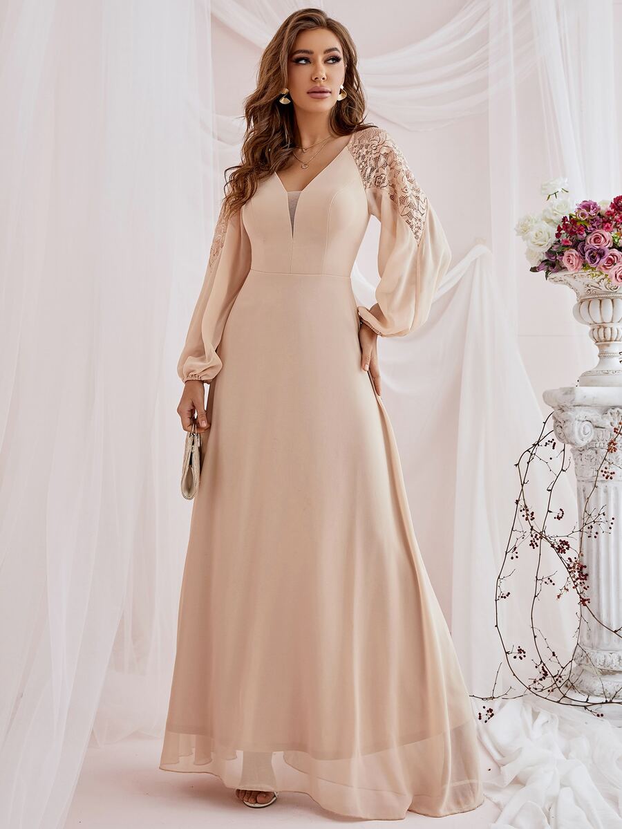 Patchwork Netted Lace Lantern Sleeve Dress For Bridesmaid's Gown - Apricot - View 1