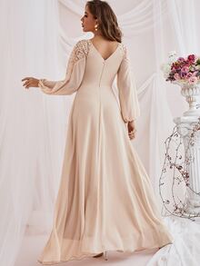 Patchwork Netted Lace Lantern Sleeve Dress For Bridesmaid's Gown - Apricot - View 2