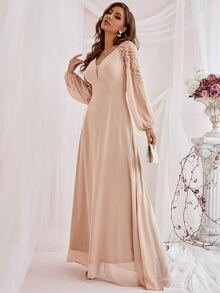 Patchwork Netted Lace Lantern Sleeve Dress For Bridesmaid's Gown - Apricot - View 3
