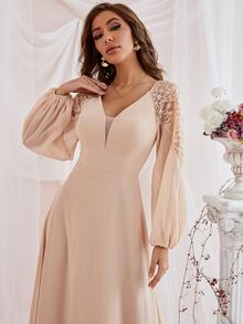 Patchwork Netted Lace Lantern Sleeve Dress For Bridesmaid's Gown - Apricot - View 4