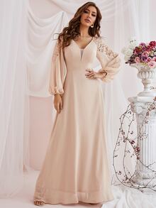 Patchwork Netted Lace Lantern Sleeve Dress For Bridesmaid's Gown - Apricot - View 5