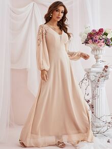 Patchwork Netted Lace Lantern Sleeve Dress For Bridesmaid's Gown - Apricot - View 6