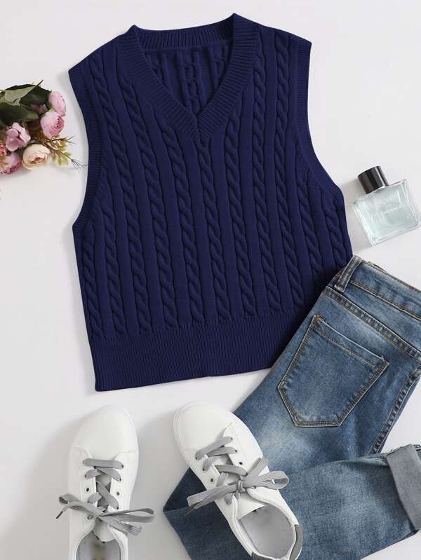 SHEIN EZwear Solid Cable Knit Top