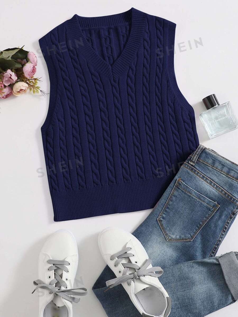 SHEIN EZwear Top tejido de cable unicolor - Azul Marino - Ver 1