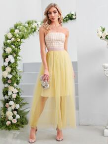 Đầm Thắt lưng Tương phản Mesh Sọc ca rô Hấp dẫn - Nhiều màu - Xem 1