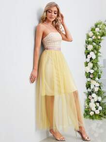 Đầm Thắt lưng Tương phản Mesh Sọc ca rô Hấp dẫn - Nhiều màu - Xem 3