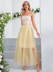 Đầm Thắt lưng Tương phản Mesh Sọc ca rô Hấp dẫn - Nhiều màu - Xem 4