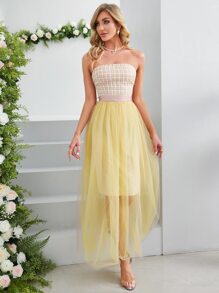 Đầm Thắt lưng Tương phản Mesh Sọc ca rô Hấp dẫn - Nhiều màu - Xem 5