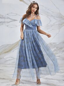 SHEIN Belle Floral Print Cold Shoulder Ruffle Trim Mesh Bridesmaid Dress - Blue - View 1