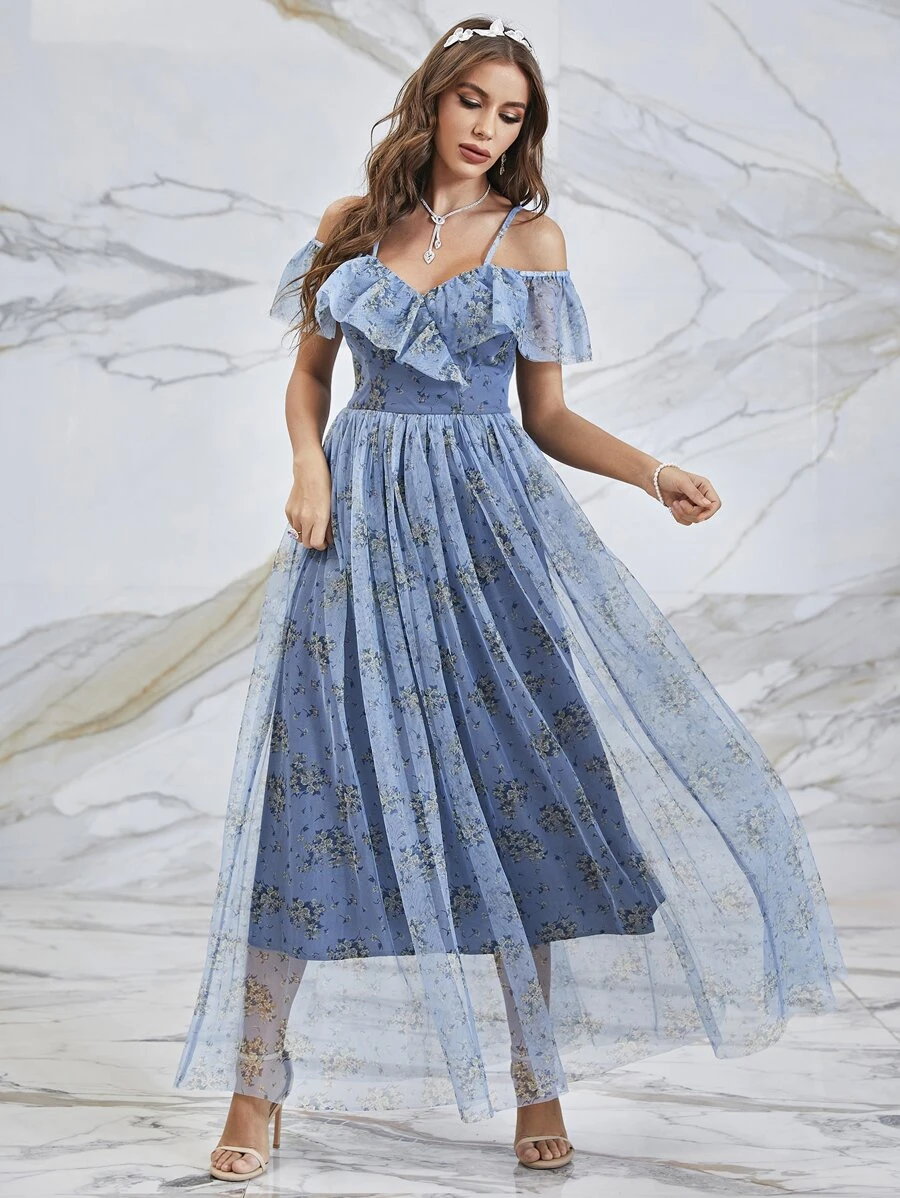 SHEIN Belle Floral Print Cold Shoulder Ruffle Trim Mesh Bridesmaid Dress - Blue - View 1