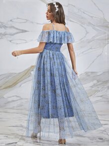 SHEIN Belle Floral Print Cold Shoulder Ruffle Trim Mesh Bridesmaid Dress - Blue - View 2