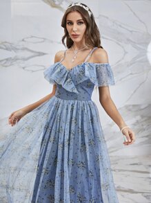 SHEIN Belle Floral Print Cold Shoulder Ruffle Trim Mesh Bridesmaid Dress - Blue - View 4
