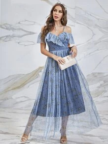 SHEIN Belle Floral Print Cold Shoulder Ruffle Trim Mesh Bridesmaid Dress - Blue - View 5