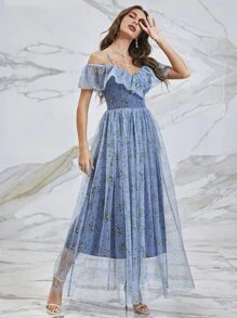SHEIN Belle Floral Print Cold Shoulder Ruffle Trim Mesh Bridesmaid Dress - Blue - View 6