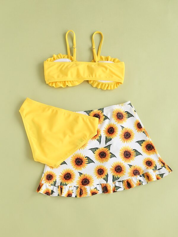 SHEIN Kids SUNSHNE Girls Frill Trim Bikini Swimsuit With Floral Beach Skirt SHEIN UK