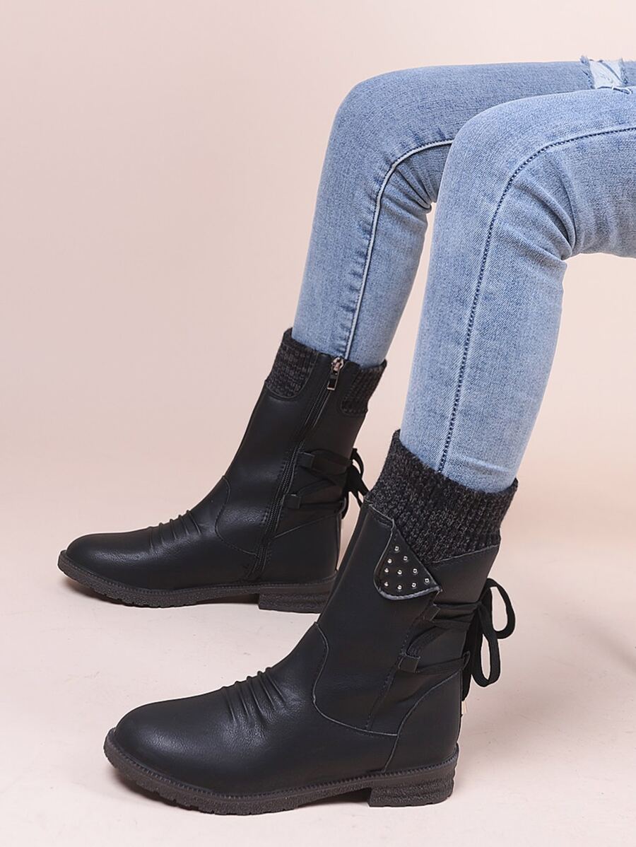 Lace Up Design Side Zipper Boots - Black - View 1