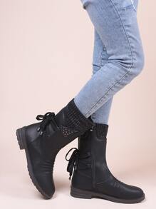 Lace Up Design Side Zipper Boots - Black - View 5