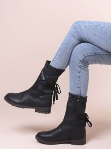 Lace Up Design Side Zipper Boots - Black - View 6