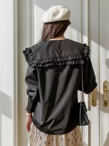 DAZY Áo cánh tay đèn lồng xếp ly cổ bẻ nhiều lớp, quần áo mùa thu, áo dài tay - màu đen - Xem 2