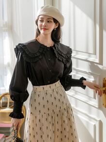 DAZY Áo cánh tay đèn lồng xếp ly cổ bẻ nhiều lớp, quần áo mùa thu, áo dài tay - màu đen - Xem 9