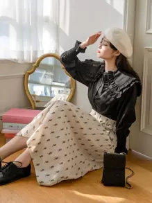 DAZY Áo cánh tay đèn lồng xếp ly cổ bẻ nhiều lớp, quần áo mùa thu, áo dài tay - màu đen - Xem 4