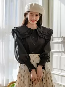 DAZY Áo cánh tay đèn lồng xếp ly cổ bẻ nhiều lớp, quần áo mùa thu, áo dài tay - màu đen - Xem 5