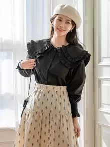 DAZY Áo cánh tay đèn lồng xếp ly cổ bẻ nhiều lớp, quần áo mùa thu, áo dài tay - màu đen - Xem 6