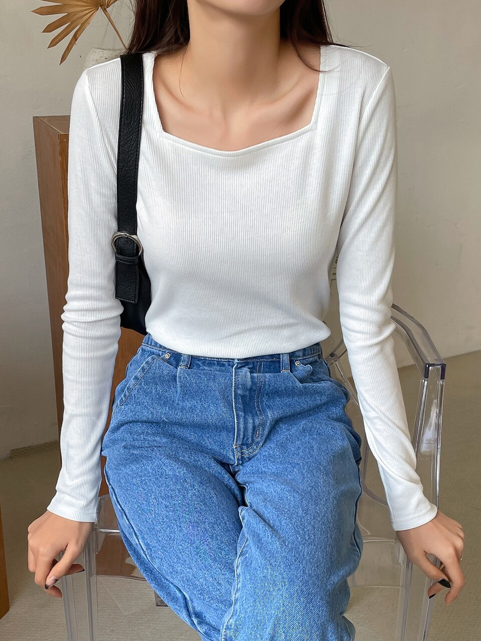 Square Neck Ribbed Knit Tee
