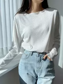 DAZY Textured Lettuce Trim Drop Shoulder Blouse - White - View 1