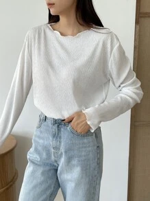 DAZY Textured Lettuce Trim Drop Shoulder Blouse - White - View 4