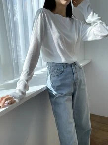 DAZY Textured Lettuce Trim Drop Shoulder Blouse - White - View 5