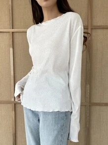 DAZY Textured Lettuce Trim Drop Shoulder Blouse - White - View 8