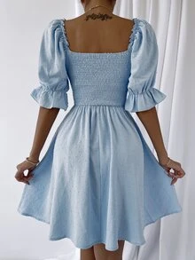 Swiss Dot Shirred Bust Dress - Baby Blue - View 2