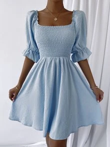 Swiss Dot Shirred Bust Dress - Baby Blue - View 3