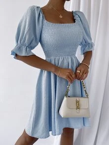 Swiss Dot Shirred Bust Dress - Baby Blue - View 4
